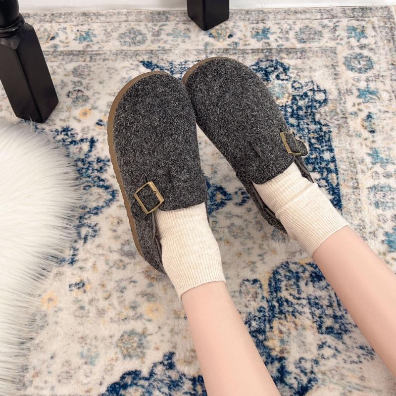 Winter new retro women's lazy half slippers casual non-slip velvet warm outer cotton shoes