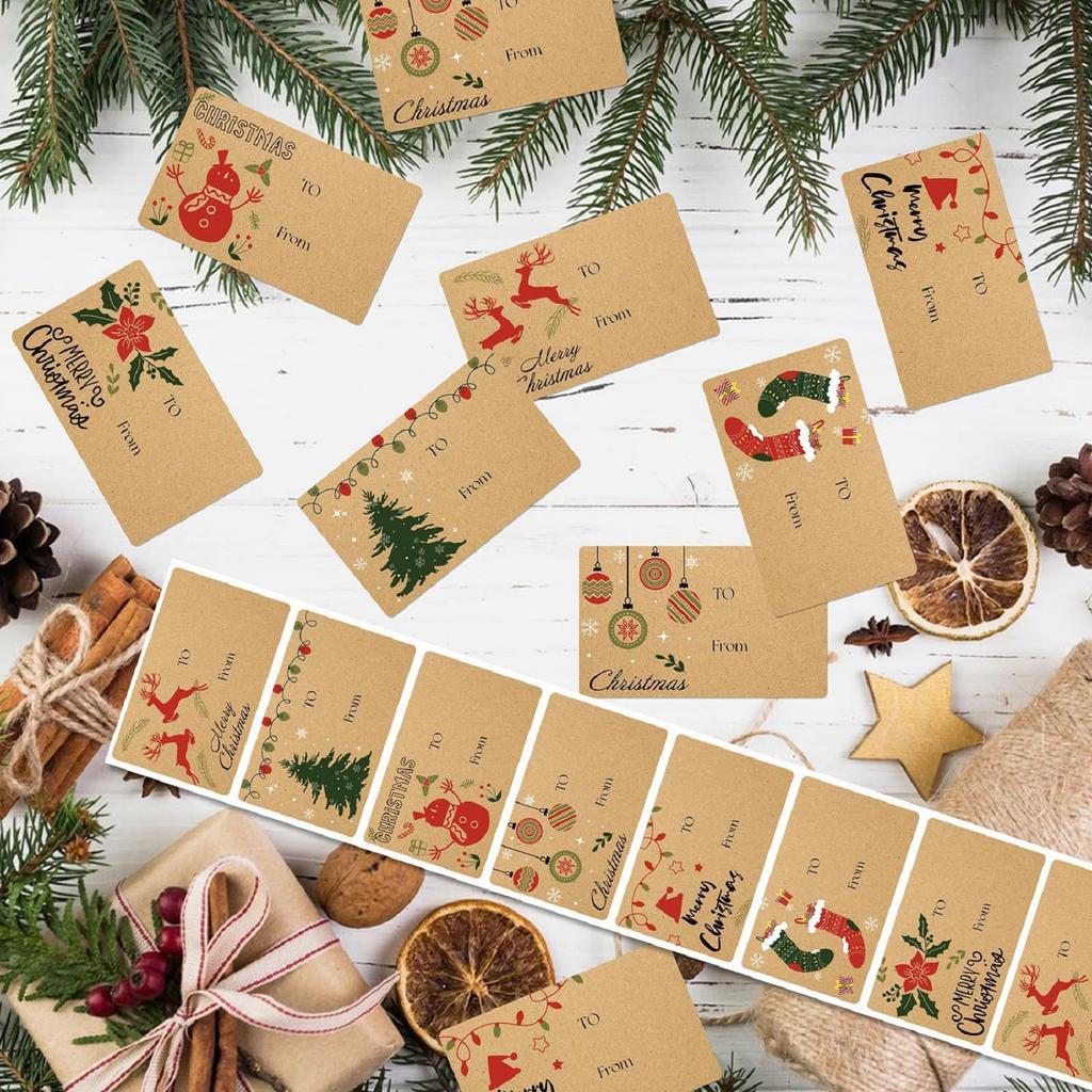 Christmas Theme Paper Gift Label Stickers Roll Self-adhesive Tags Write-on Holiday Stickers Wrapping Sealing Decals 210pcs/roll
