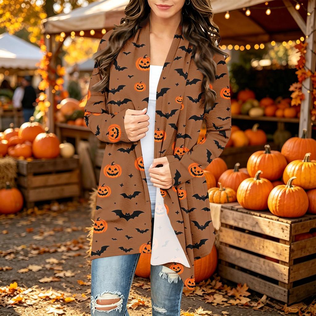 Women's Long Sleeve Cardigan with Halloween Print for Casual Everyday Wear