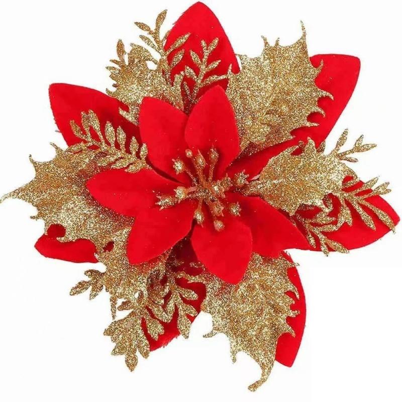 Christmas Glitter Flowers Fake Flower Christmas Tree Decorations for Home 2025 Tree Pendant Ornaments Navidad New Year 2026 Gift