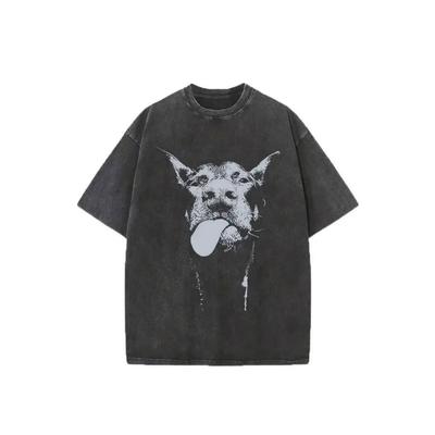 European Sizes Men's T-Shirt Fashion Round Neck Washed Short Sleeve Dog Face Tongue Print