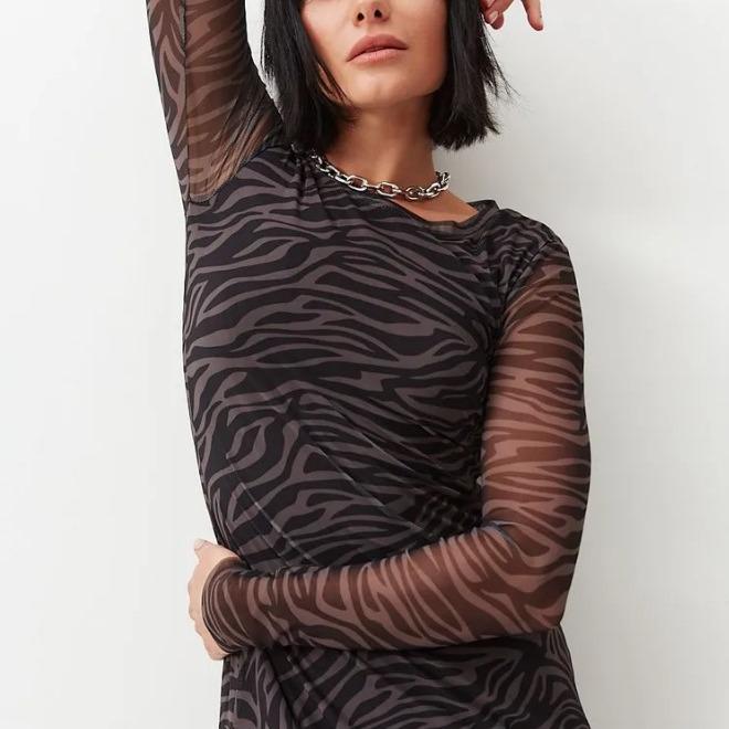 

2023 Европейское и американское платье с леопардовым принтом из сетки, с длинным рукавом, сексуальное, приталенное M