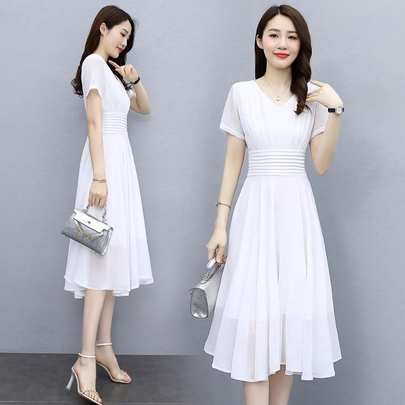 

Элегантное облегающее шифоновое платье с V-образным вырезом - 2022 женское, средней длины L белый