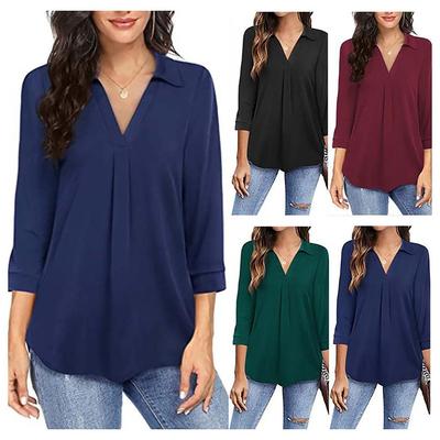 Spring Summer Women's Blouses Shirts Lady Loose V-neck Casual Seven Quarter Sleeve Turn-down Collar Solid Color Loose Blouse Tops