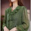 Printed Simple Women's Long-sleeved Shirt Spring New Bow Loose Slimming Top