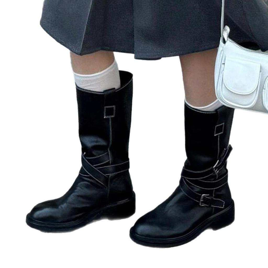 Soft leather retro belt buckle thick heel medium tube short boots women's 2025 autumn new pleated low heel western knight boots