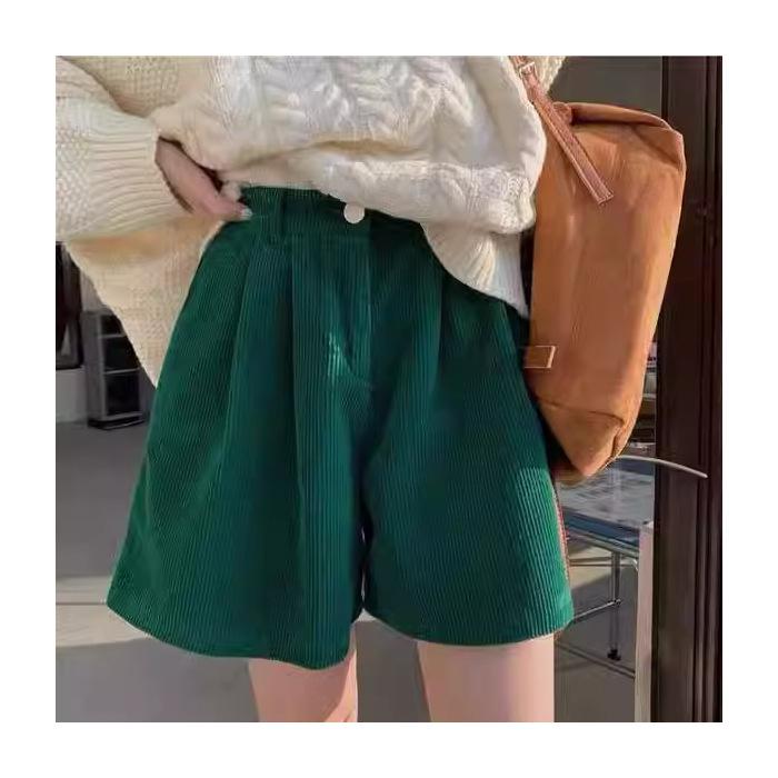 

Короткие осенне-зимние повседневные брюки для женщин с высокой посадкой и облегающие, в гонконгском стиле, из вельвета, свободные шорты с широкими штанинами 2XL зелёный