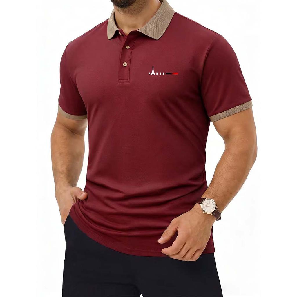 Men's Contrast Collar Short Sleeve Polo Paris Eiffel Tower Print Breathable Casual Tops