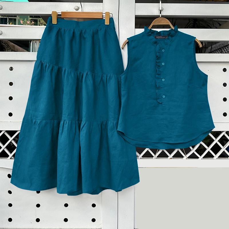 

ZANZEA Женские топы без рукавов и длинные юбки Повседневный костюм-двойка