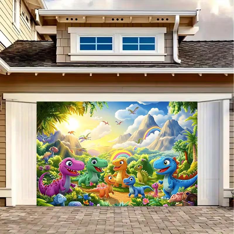 Lebendige Dinosaurierwelt Kulisse Kinder Dschungellandschaft mit Regenbogen Fotokabine Hintergrund Banner für Party Dekoration
