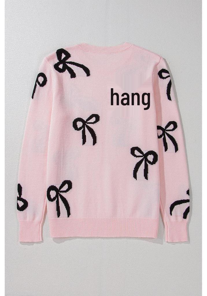 2025 Autumn New Women's Bow Print Loose Knit Sweater - Long Sleeve Sweet Style