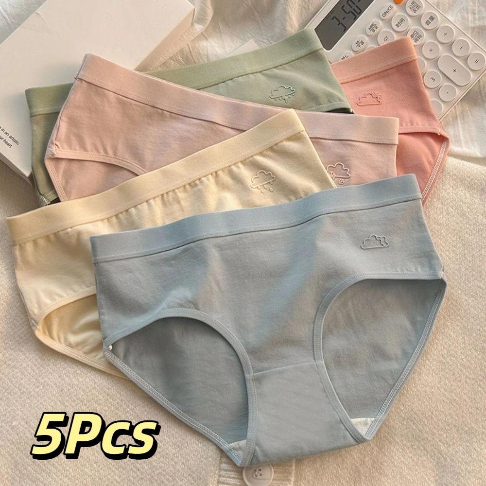 5Pcs Weather Pattern Solid Color Panties Mid Waist Underwear for Women Simple Seamless Briefs  Lady