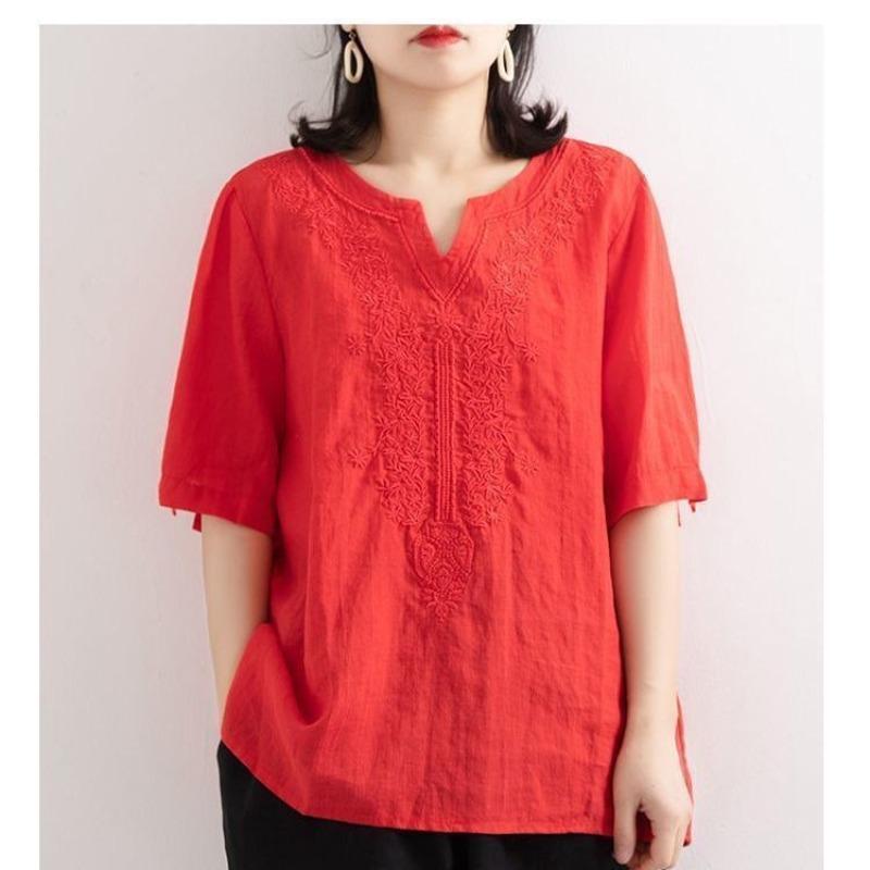 Summer Embroidered Cotton Hemp Artistic Style T-shirt for Women V-neck Retro Loose Casual Short Sleeve Solid Color Top T-Shirts  Women’s