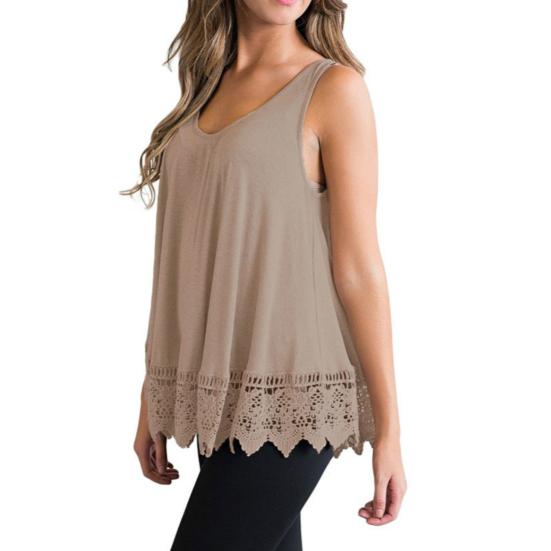 Women Vest Sleeveless Round Neck Lace Hem Solid Color Plus Size