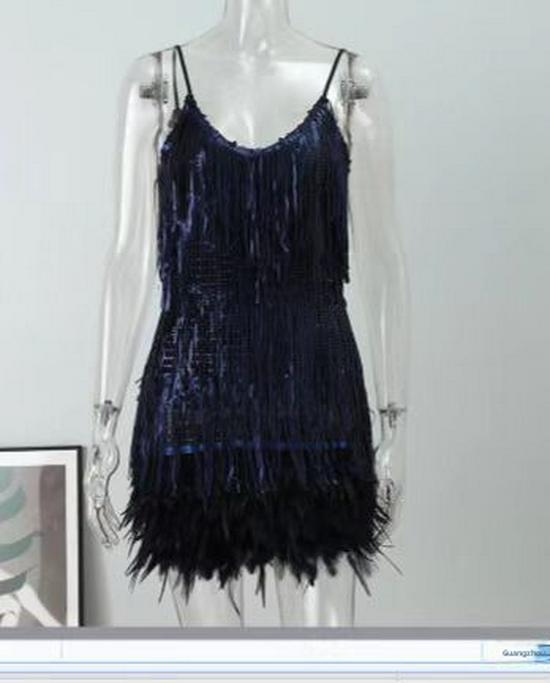 2025 Summer Women's Tassel Sequin Feather Stitch Dress