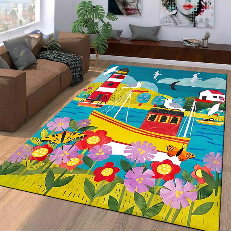Colorful Coastal Scene Carpet with Seagulls, Flowers, Lighthouse, and Boat Suitable for use as an anti-slip for living room bedroom sofas