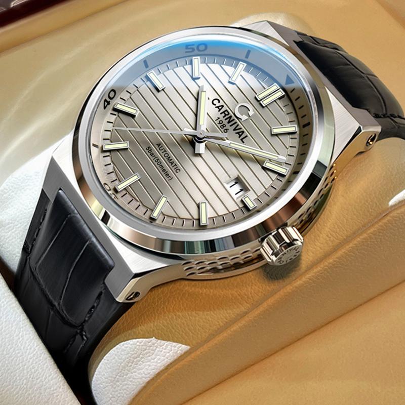 CARNIVAL Automatic Mechanical Watch Man European American Business Leisure Wristwatch Luxury Silver Luminous Waterproof Watch