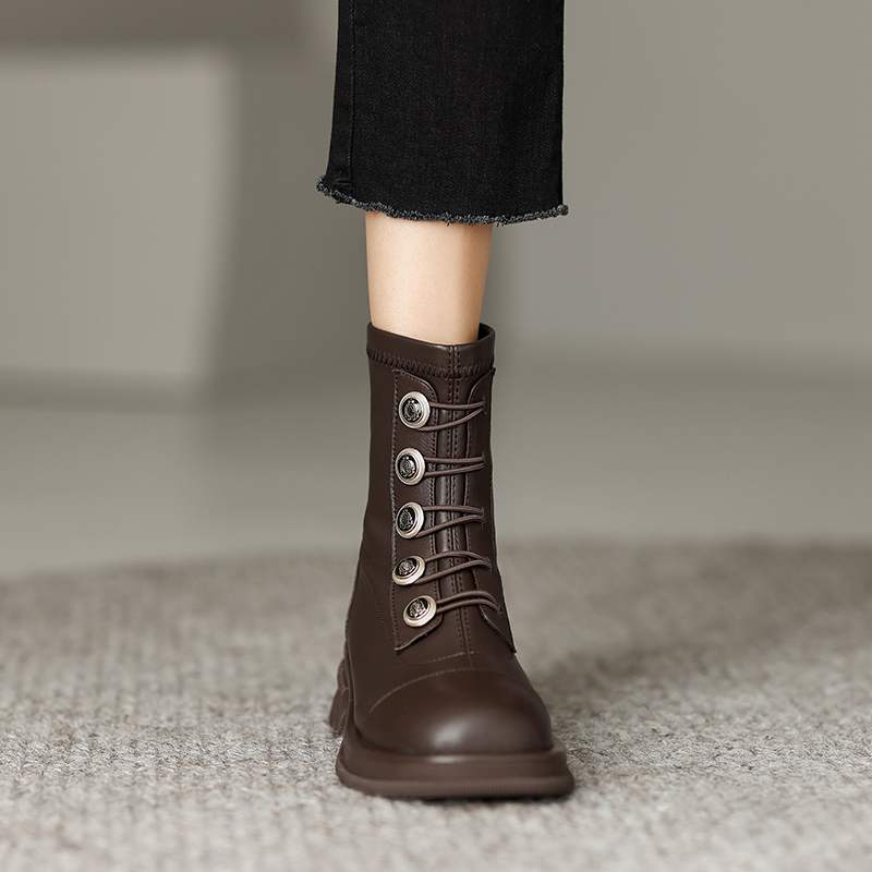 Krazing Pot Podzimní zimní boty z hovězí kůže s kulatou špičkou Kovové zapínání Silný střední podpatek Zip Chelsea Boots Dámské kotníkové boty