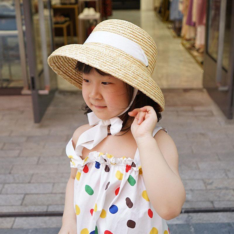Children's Bucket Hat Dome Wide Brim Summer Hat Sun Hat Ribbon Bowknot Lace Up Beach Hat Girl Cap Sun Protection Caps Straw Hat