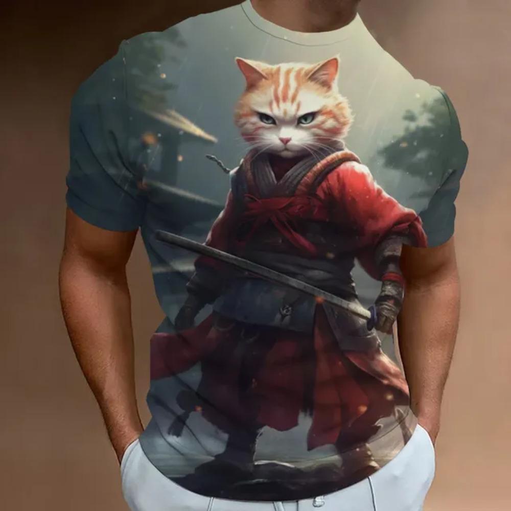 

Летняя футболка с коротким рукавом с принтом кота-самурая 3D для мужчин, мужская футболка в стиле ретро, модная мужская одежда больших размеров, быстросохнущие футболки, топы 160