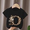 Mouse Leopard Letter A B C Name Print Unisex Women Tops Kids Tshirt Clothes Black Short Sleeve Black T Shirt