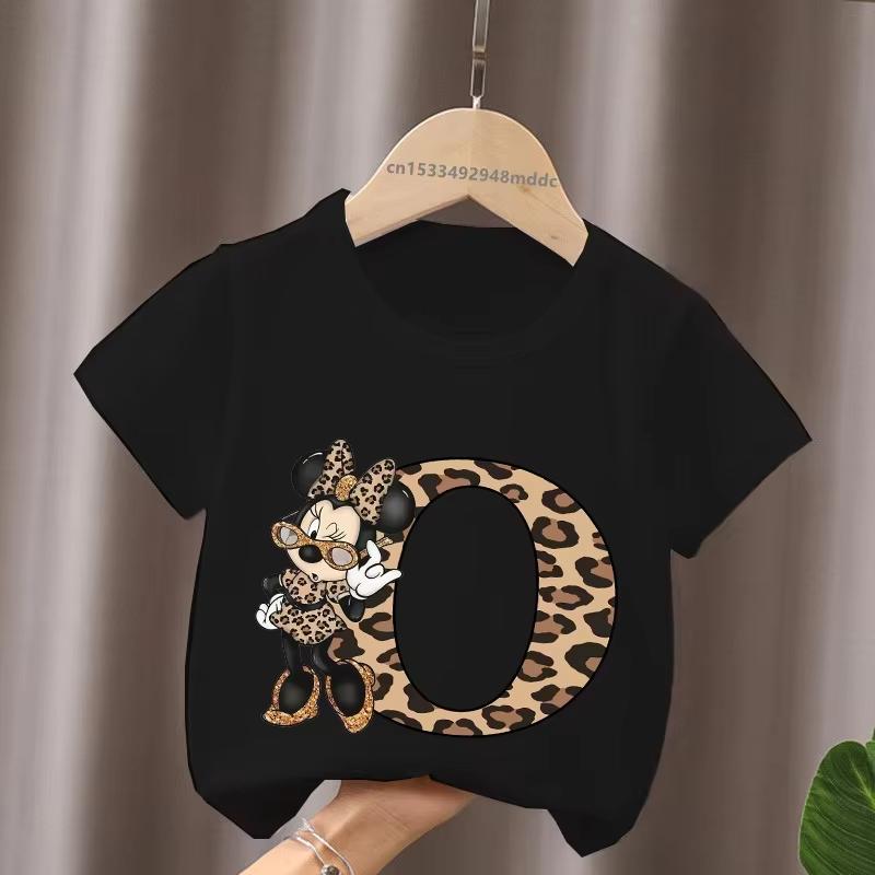 Mouse Leopard Letter A B C Name Print Unisex Women Tops Kids Tshirt Clothes Black Short Sleeve Black T Shirt