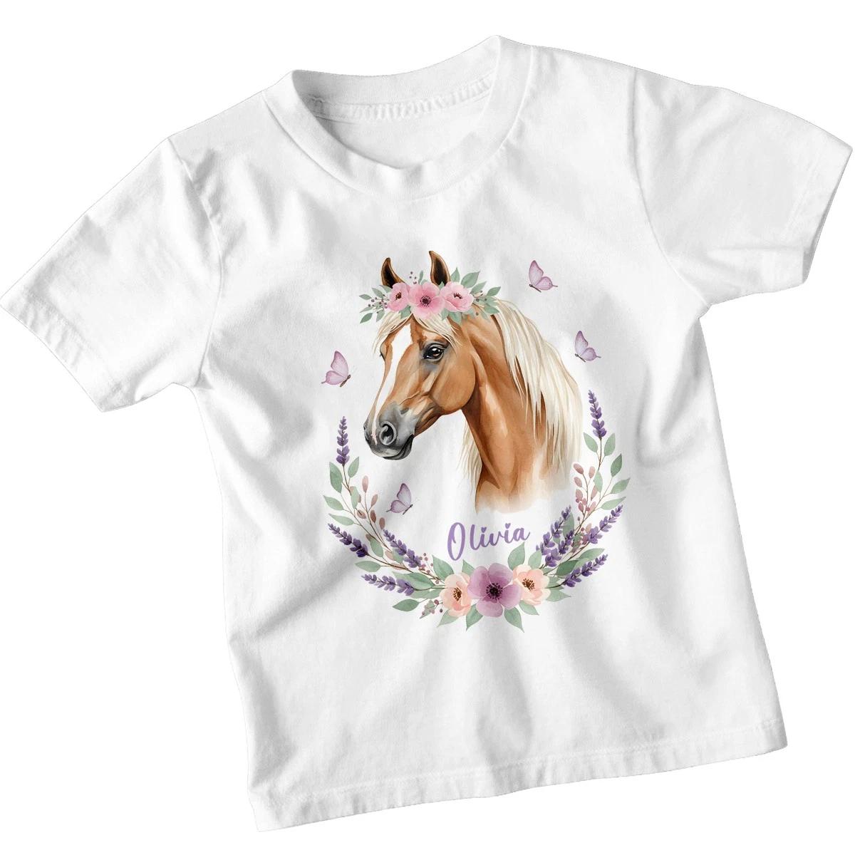 Персонализированная футболка для девочек Оливия Лошадь С индивидуальным именем Акварельная детская футболка 2XL