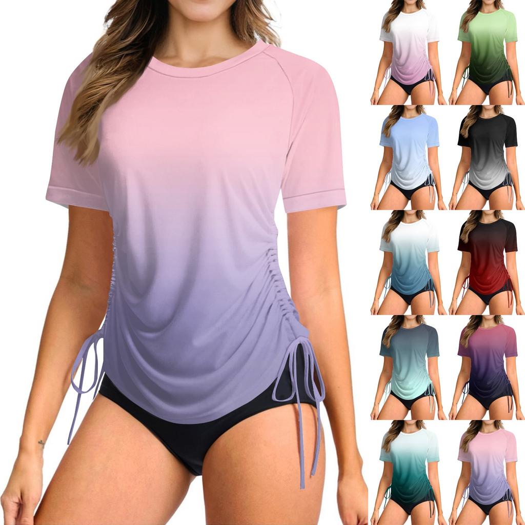 Women's Printingr Short-sleeved Sun Swimsuit Lightweight Adjustable Lace-up Swimsuit