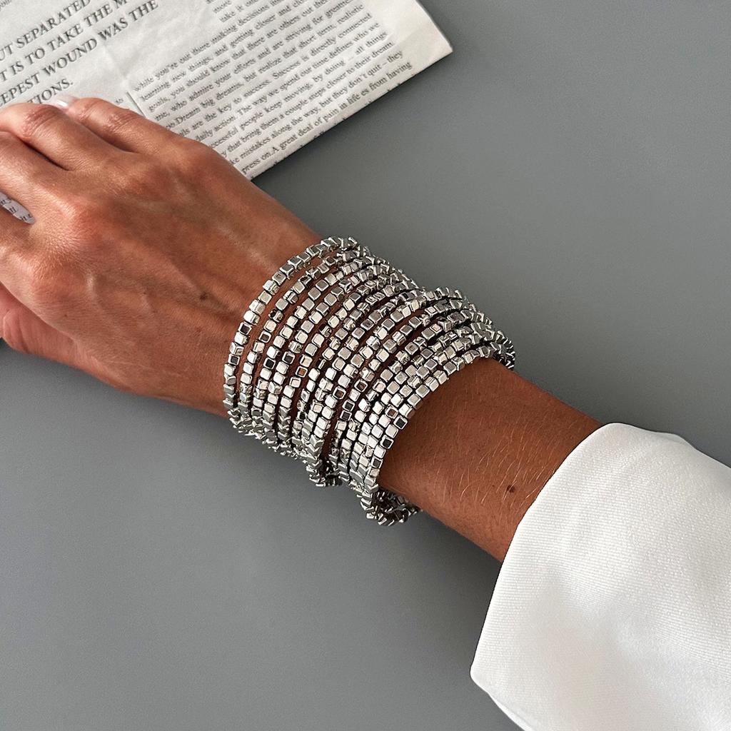 Stylish And Shiny Square Ccb Beaded Wrapped Wide Bracelet, Personalized Geometric Multi-Layer Stacked Bracelet For Women