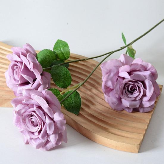 Artificial Rose Flower Realistic Fake Long Stem Rose Bouquet with 3 Heads Blooms for Wedding Centerpiece Home Party Decor