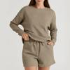 Women's Solid Color Textured Casual Set Long Sleeve Shorts Drawstring Two-Piece Set