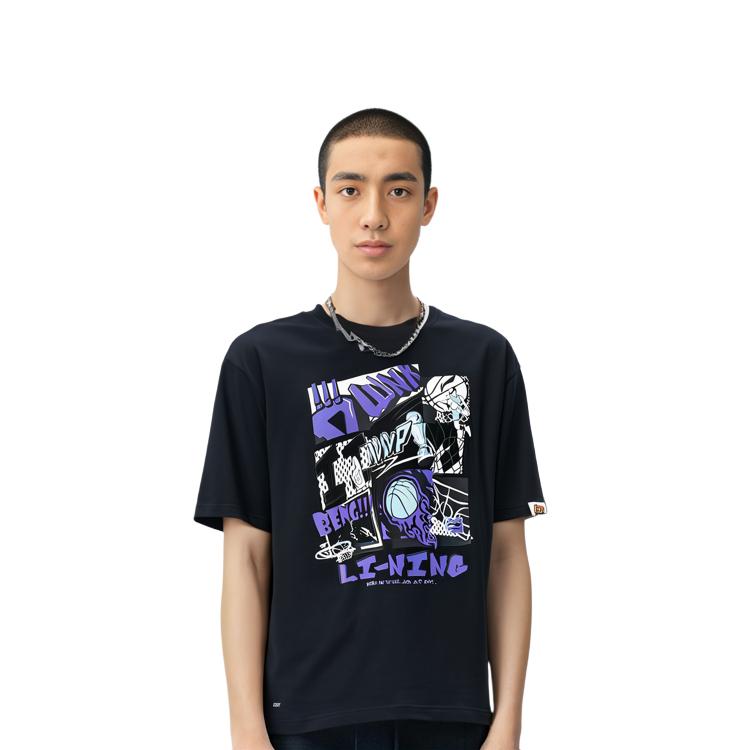 Li Ning Sports Life Collection T-Shirts Herren Schwarz Rundhals Mittlere Normale Passform AHSUD81-2