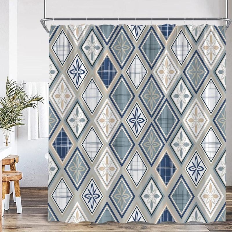 Blue Boho Floral Shower Curtains Mandala Indian Ethnic Style Pattern Bath Curtain Set Modern Polyester Bathroom Decor with Hooks