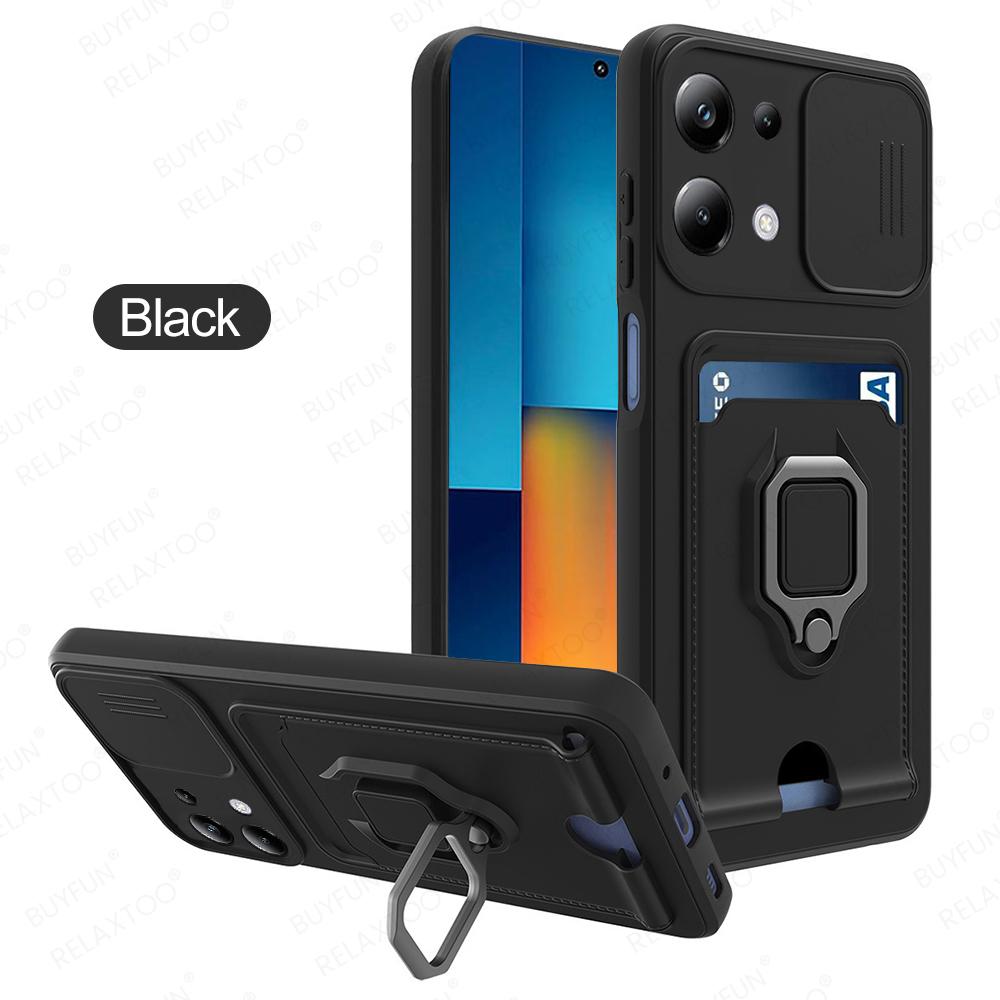 Slide Camera Lens Protection Case For Xiaomi Poco M6 Pro 4G Card Slot Stand Holder Magnetic Cover Coque PocoM6Pro Little M6Pro