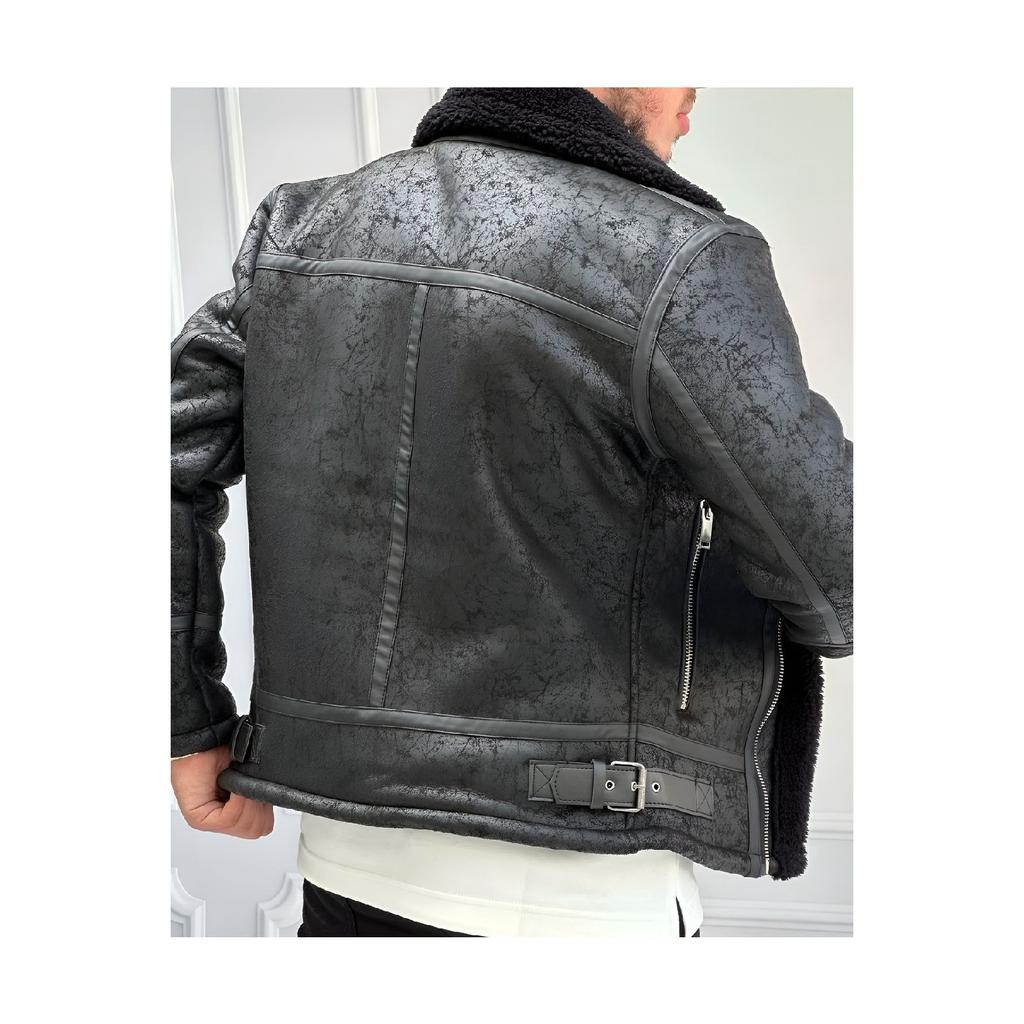 Men's Stone White Napa Leather Coat With Full Shearling Inside Northern Model Coat