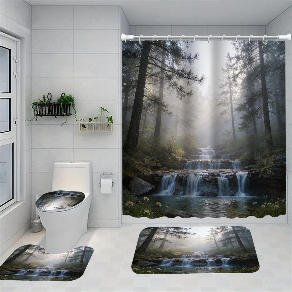 1/4 Rose Print Shower Curtains, Toilet Seat Decoration, Shower Curtain With Carpet And Toilet Lid, 70.8X70.8 Inch