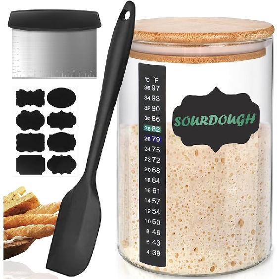 Банка для закваски Kmise, 1 л, набор для самостоятельного приготовления хлеба на закваске из стекла с термометром, силиконовой лопаткой, наклейками-досками и резаком чистый