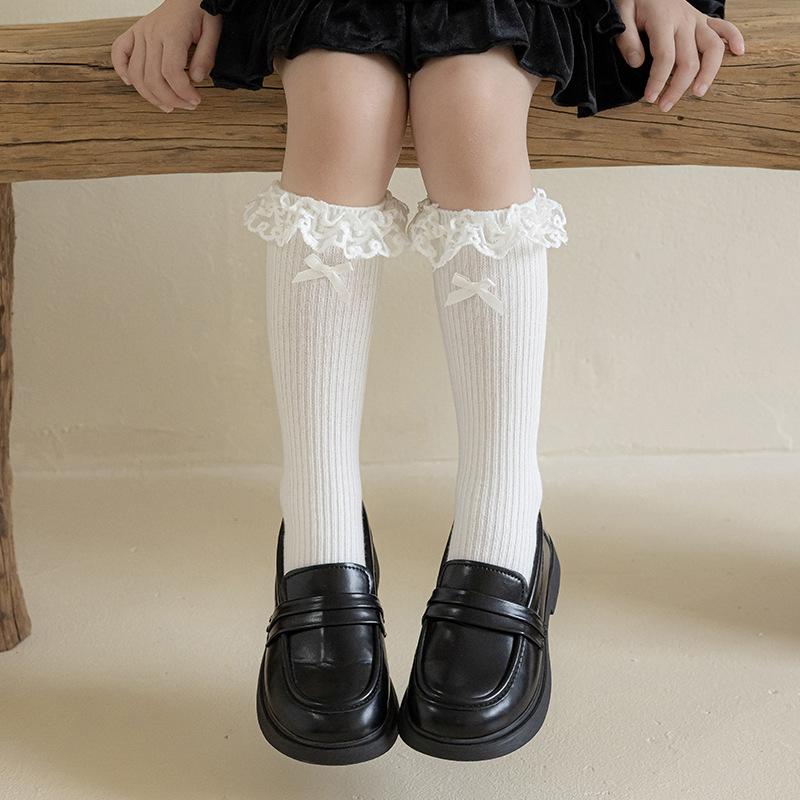 Girls' Tube Socks Japanese Lolita Lace Bow Pile Pile Socks Ballet Style Double Needle Children's Cotton Socks