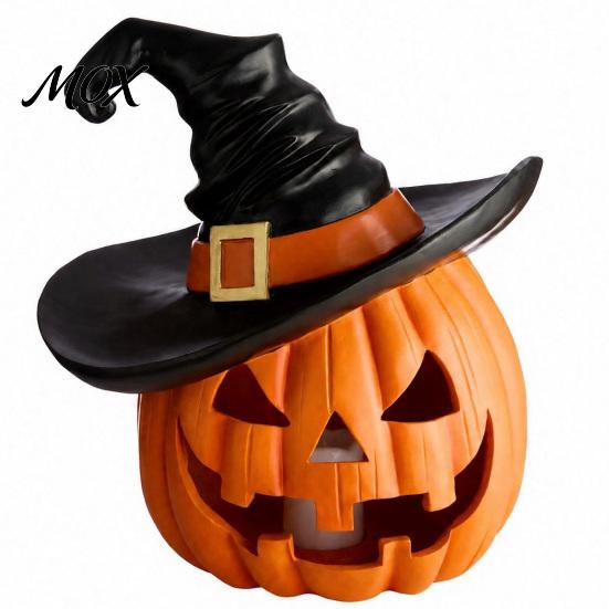 Weighted Solid Resin Figurines Halloween Pumpkin Ornament with Witch Hat, Jack O Lantern Decorative Lamp, Atmospheric Room Accessories Spooky