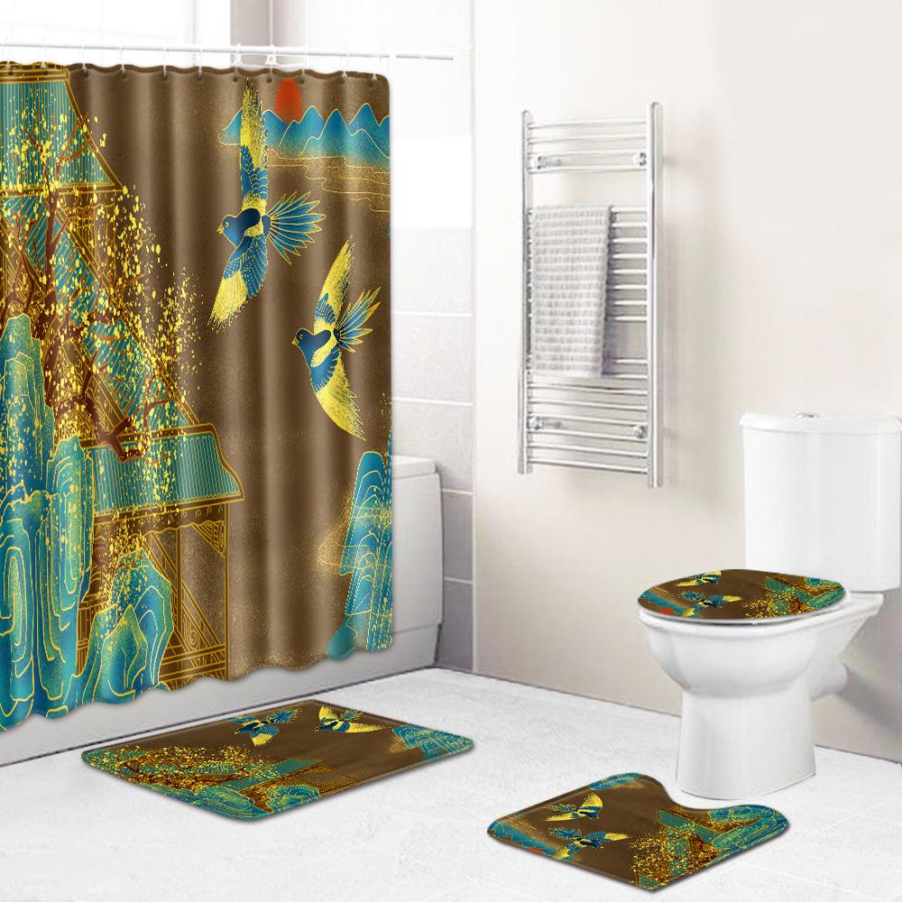 Chinese Antique Bronzing Night Flower Bathroom Floor Mat Shower Curtain Combination Floor Mat Support