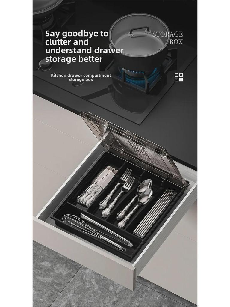 Transparent Multi-Grid Kitchen Storage Box with Lid: Organizer for Chopsticks & Cutlery