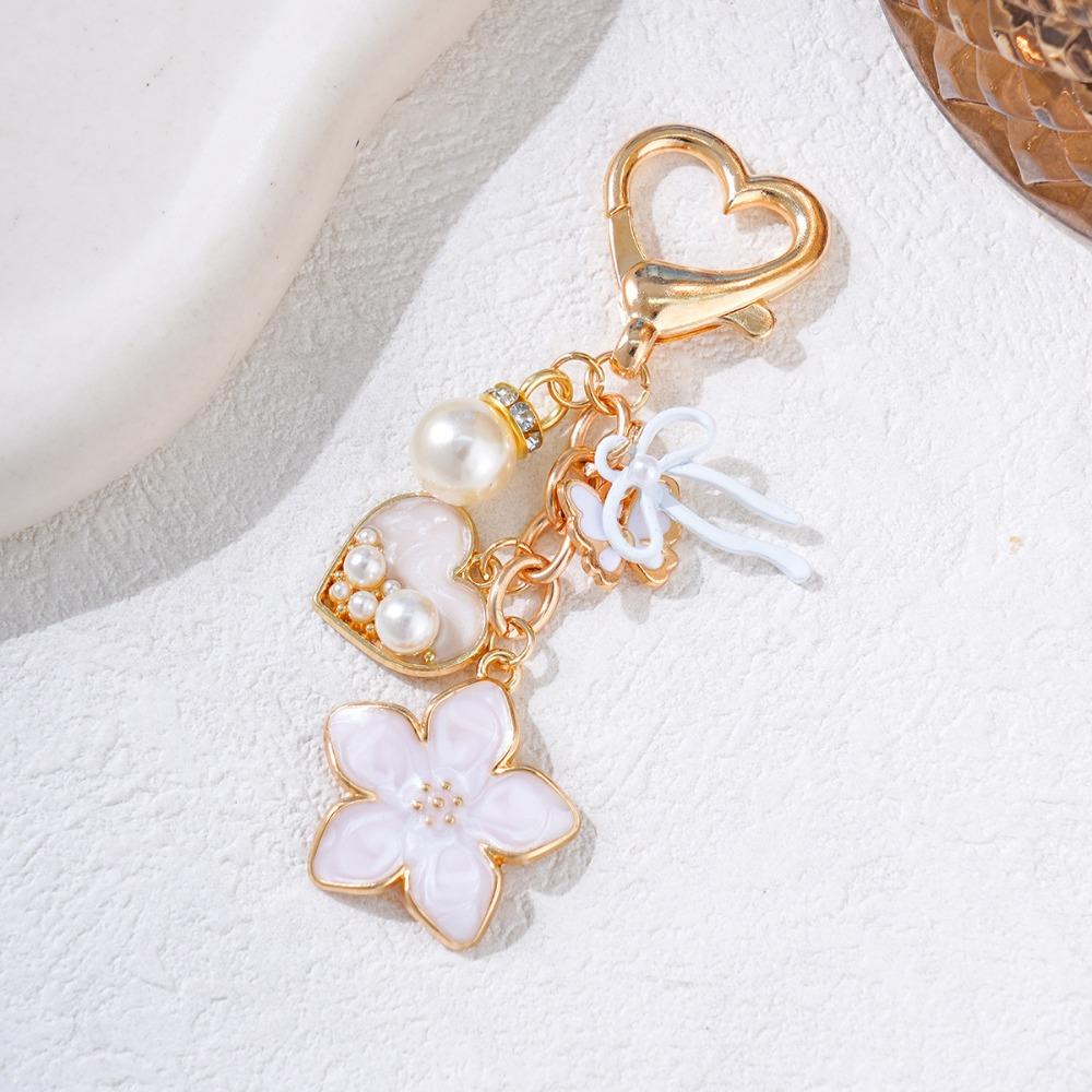 Elegant Zinc Alloy Keychain Heart Shape Pearl Accent Bag Charm Butterfly Shape Enamel Flower Pendant Charm Bag Decoration