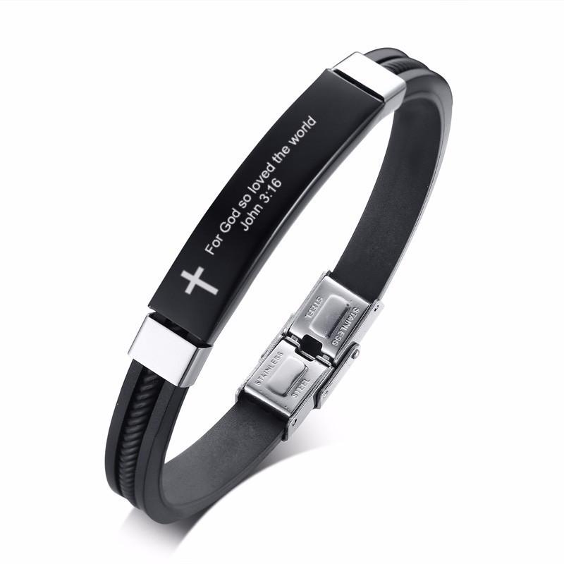Vnox Cross Bible Verse Quotes Bracelets for Men Soft Silicone Bangle Comfort Wear Male Jesus Christ Faith Prayer Pulseira