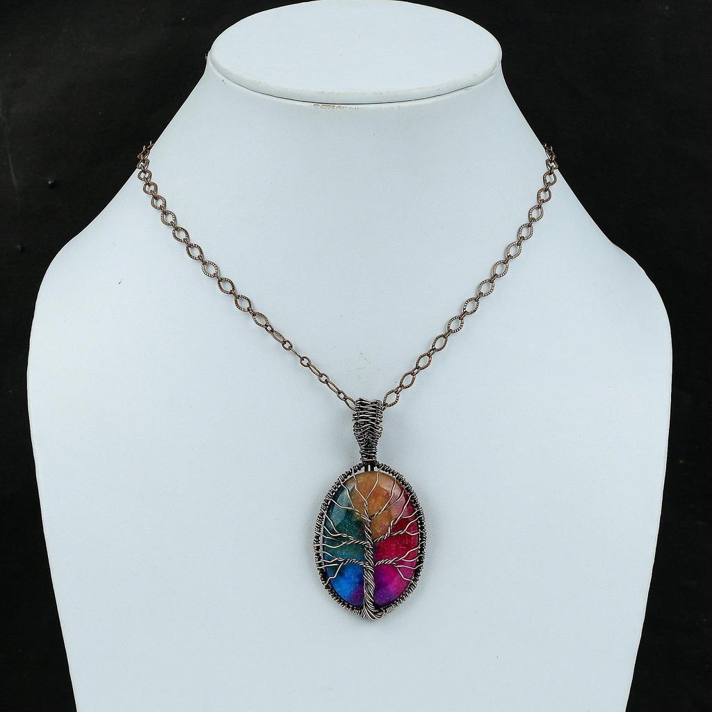 Tree Of Life Rainbow Solar Quartz Druzy Pendant Copper Wire Wrapped Gemstone Pendant Gift For Mom Handmade Pendant Beautiful Copper Jewelry