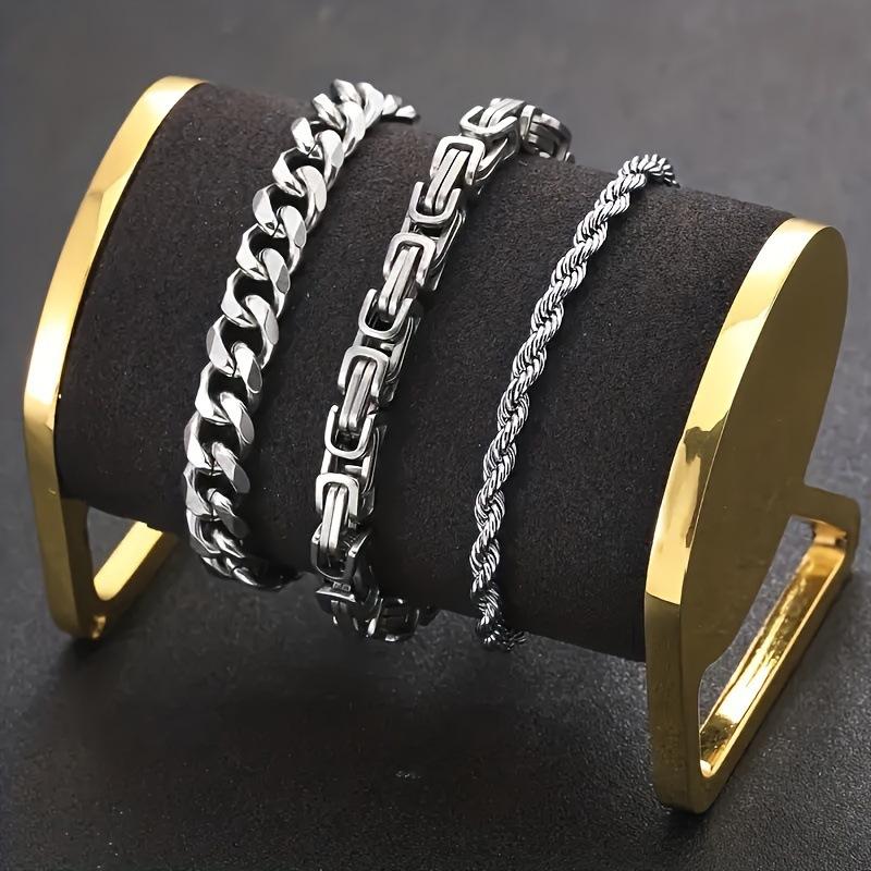 

Новый браслет из нержавеющей стали, не выцветающий, с узором Великой Китайской стены, браслет в стиле хип-хоп панк, кубинская цепь, ювелирные изделия из титановой стали Steel color three-piece s