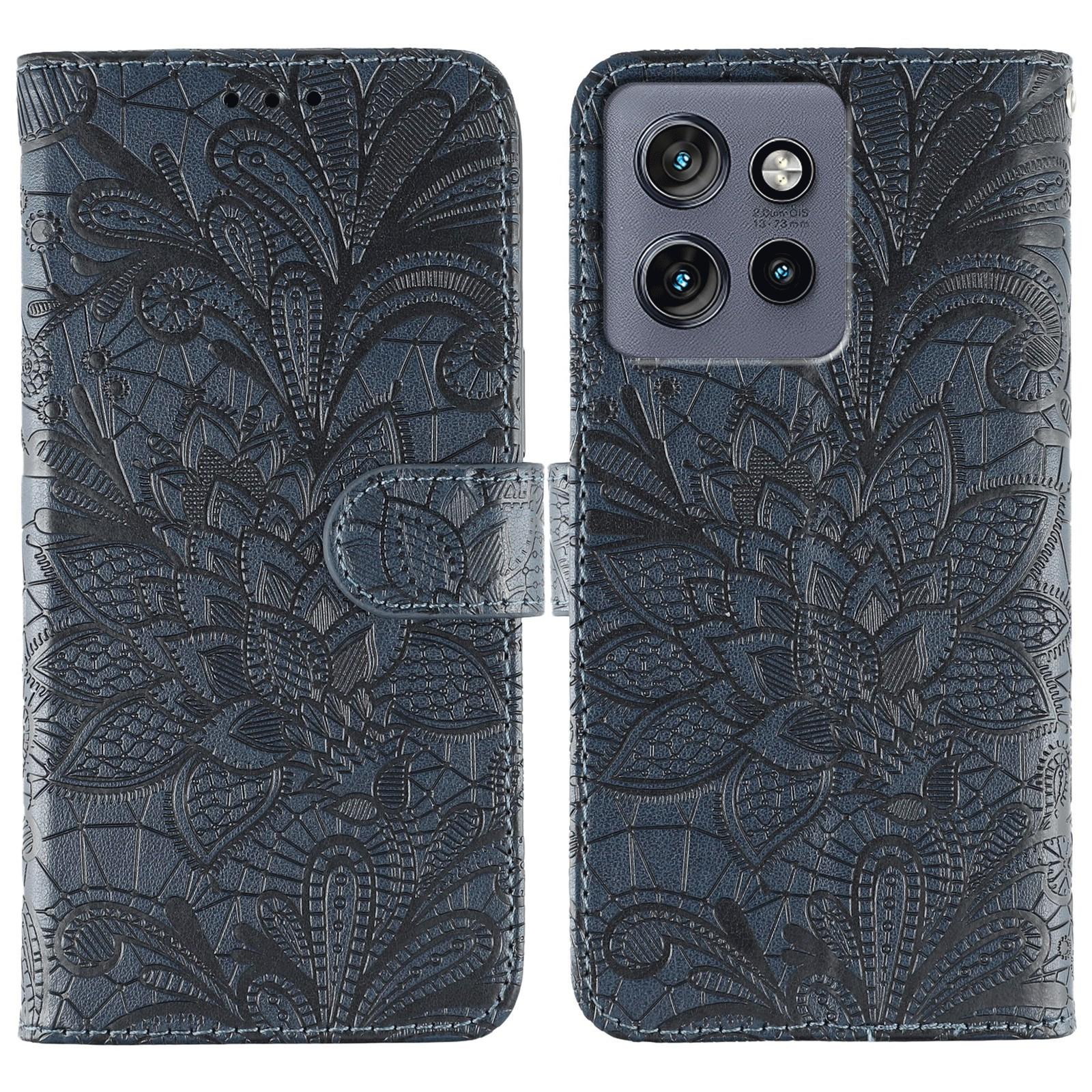 

For Motorola Edge 50 Neo 5G Case Lace Flowers PU Leather Flip Wallet Phone Cover Dark Blue