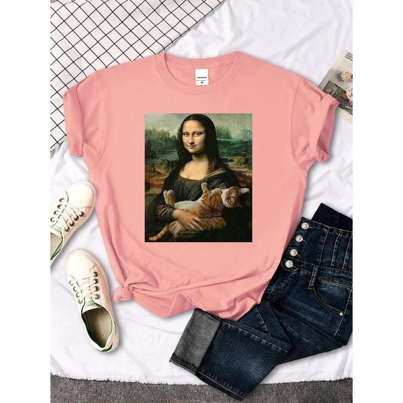 Mona Lisa 3D Printe T-Shirts Funny Cat Lovely Cute Printed Simple T-Shirt