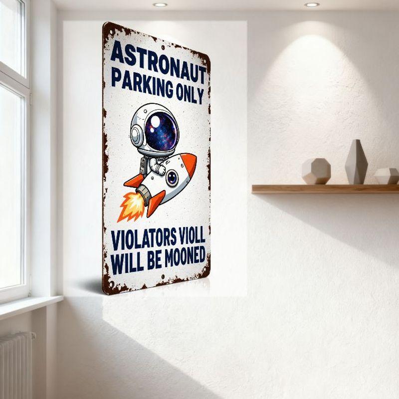Vintage Astronaut Parking Only Metal Tin Sign, Rusted Edges, Cartoon Astronaut On Rocket with Galaxy Visor, 'VIOLATORS WILL BE M