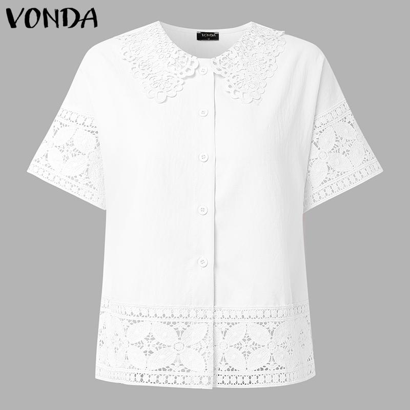 

VONDA Women Lapel Neck Lace Patchwork Buttons Up Crochet Casual Elegant Blouse XL белый