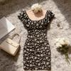 Sweet and spicy pure desire sexy spice girl one-word shoulder floral dress children's summer new slim and thin hip skirt